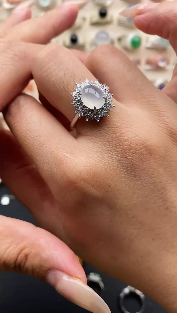 银S925镶嵌戒指翡翠缅甸天然A货翡翠11   6-7