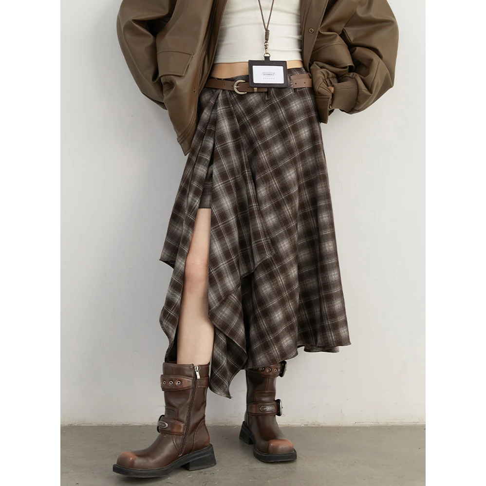 设计感高腰不规则半身裙女秋季新款法式复古撞色格纹显瘦中长裙