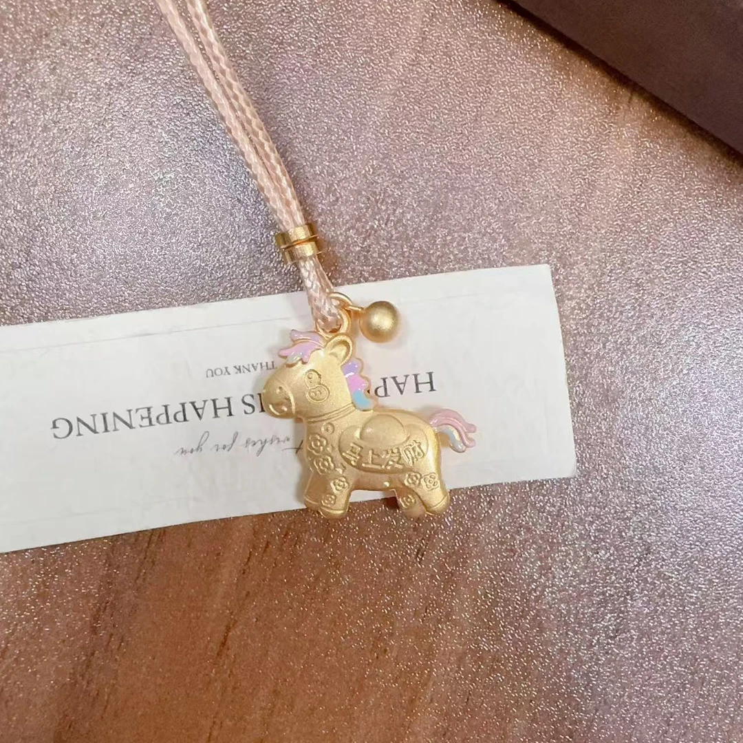 吊坠足银 足银999电金珐琅马上有钱套链吊坠足银吊坠气质可爱金色