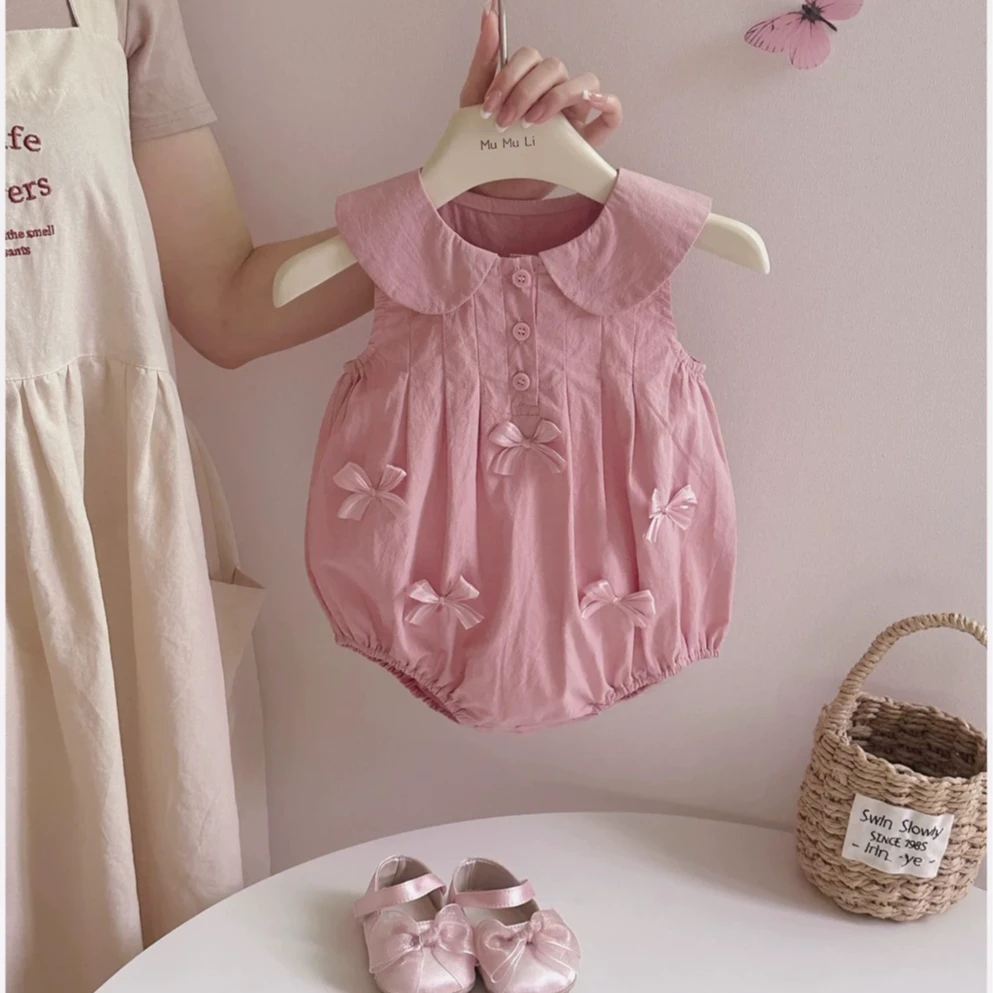 粉色蝴蝶结女宝宝夏季无袖套头短袖哈衣爬服花边薄款连体衣+袜子