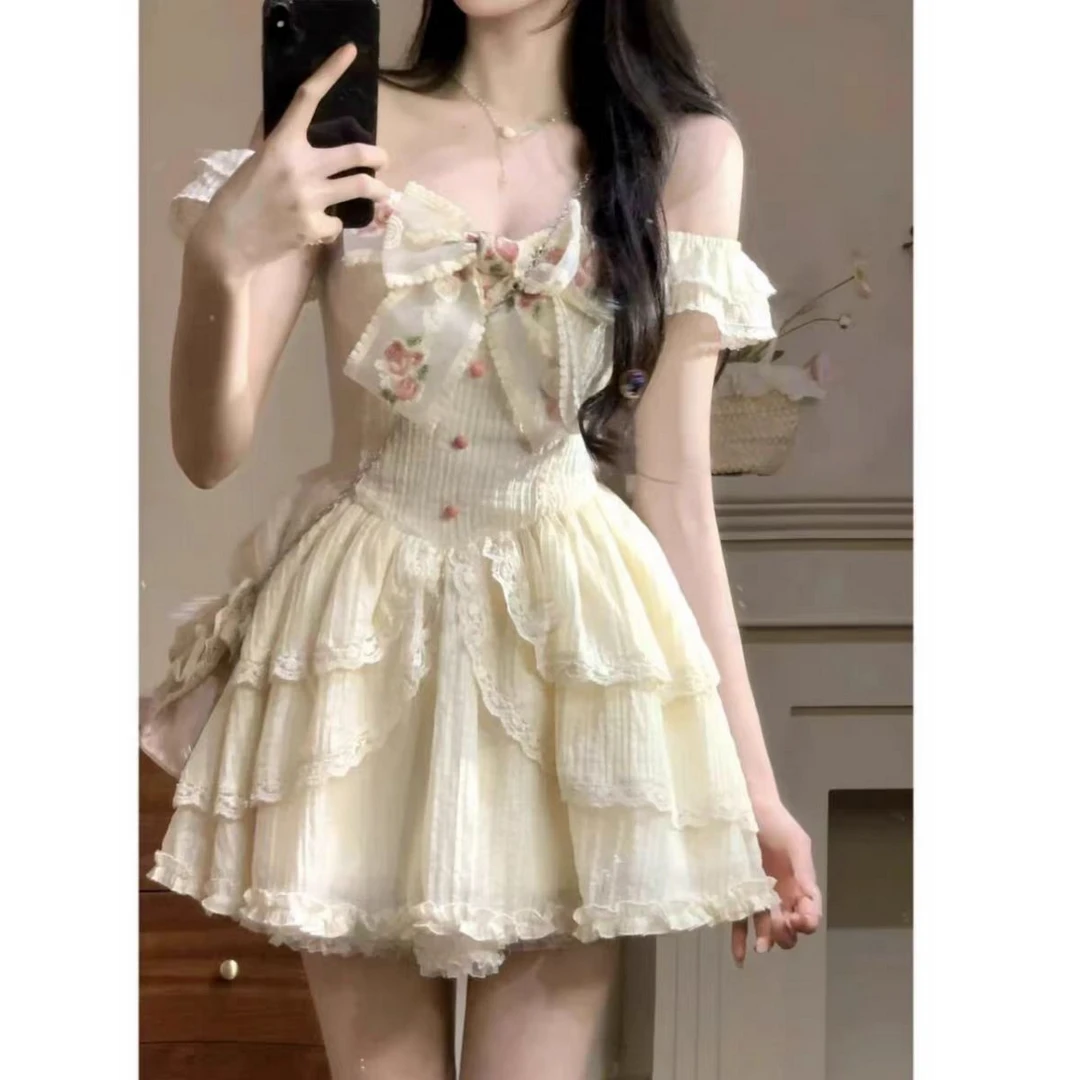 大码春季法式少女蝴蝶结修身显瘦小飞袖连衣裙短裙10751