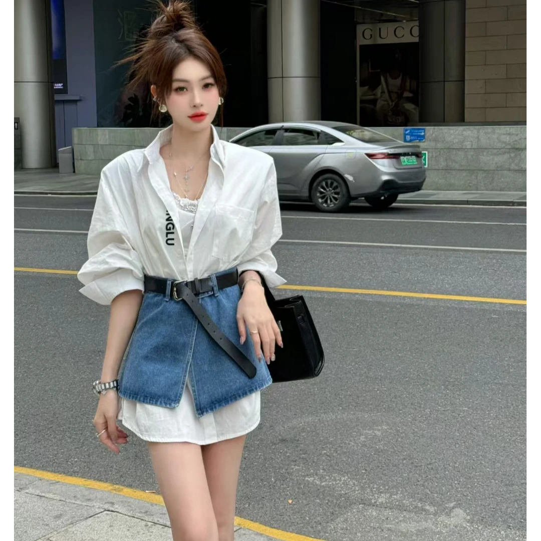 【十一家】款气质字母刺绣衬衫连衣裙百搭牛仔腰封两件套装E2062