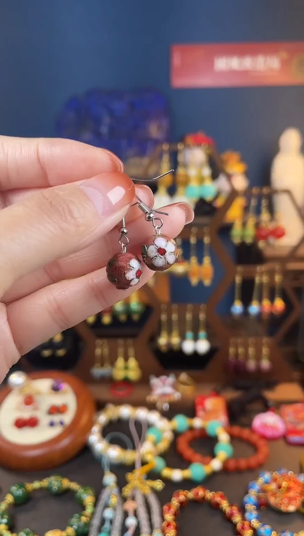 【闪购商品】粉色珐琅景泰蓝耳钩