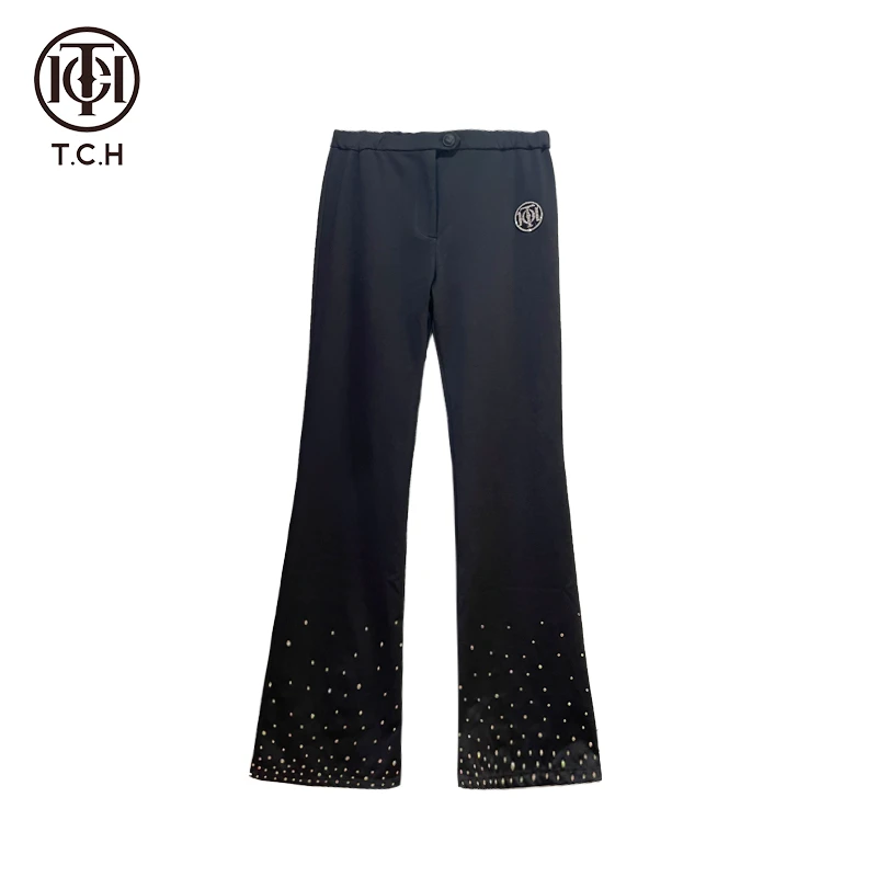 奥莱-TCH重工手缝钻时尚休闲百搭高弹黑色微喇阔腿裤T69C20E6013