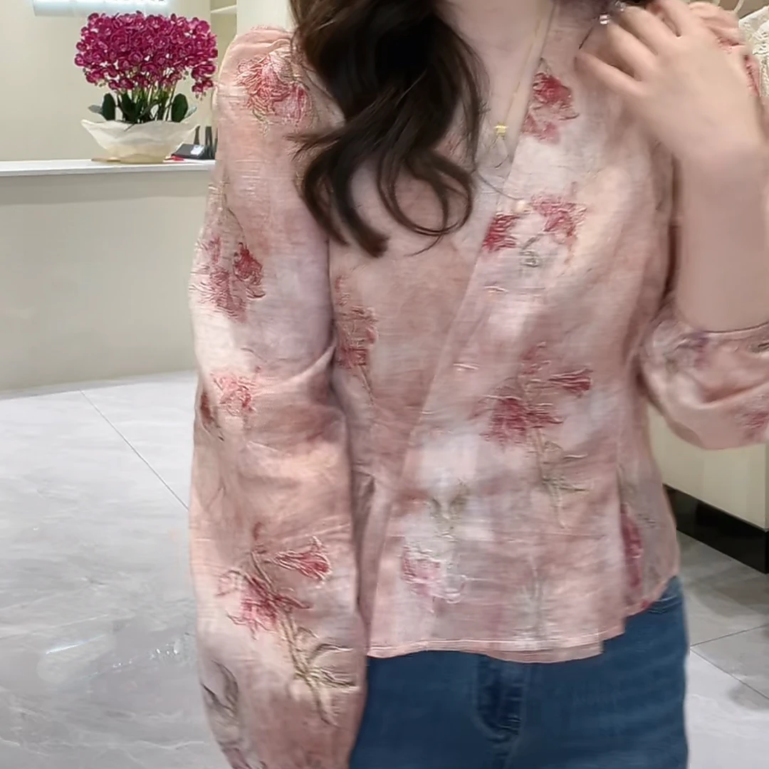 褶皱收腰斜襟单排扣碎花衬衫小衫2025新款春季设计感时尚长袖衬衣