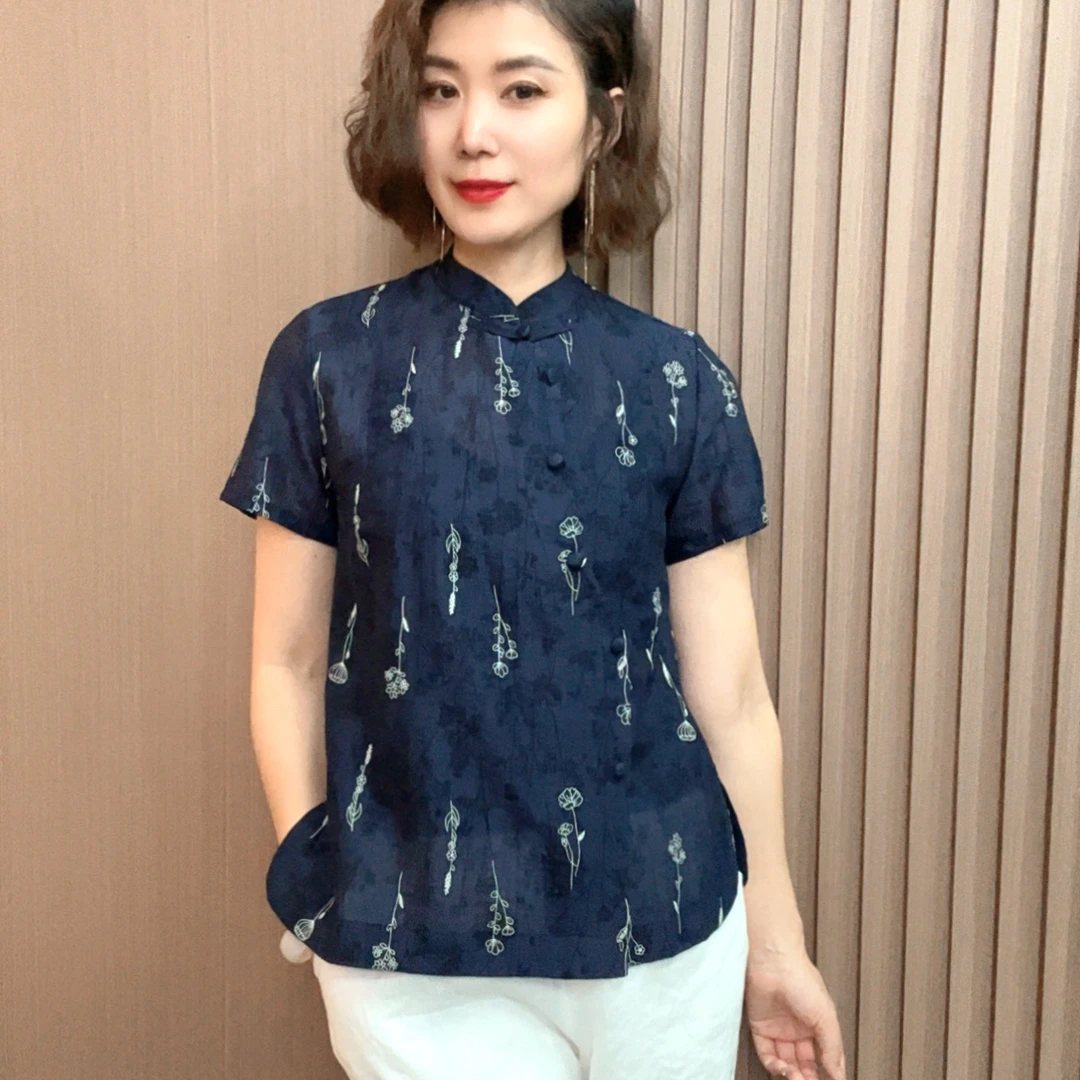 短袖碎花心形新中式波点印染衬衫半袖时尚复古纯欲风妈妈装显瘦