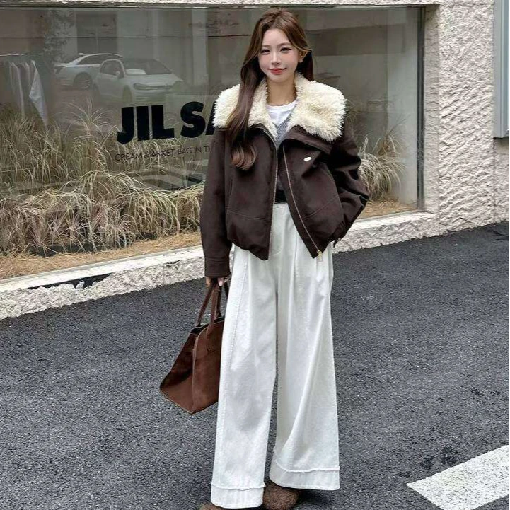 时尚爆款羊羔毛大翻领加厚麂皮绒一体韩系外套女冬装新款潮