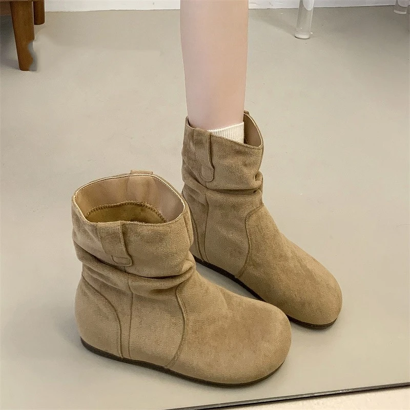 三福复古褶皱堆堆靴女2025秋季新款内增高套筒马丁靴显瘦勃肯短靴