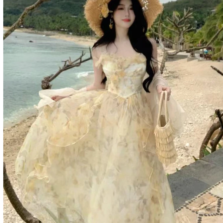 161-170夏新款度假风仙女裙荷叶袖雪纺连衣裙法式浪漫碎花a字裙女