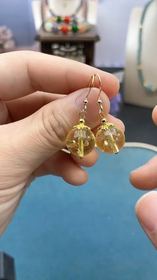 黄晶耳饰14K金镶嵌12mm黄阿塞耳钩