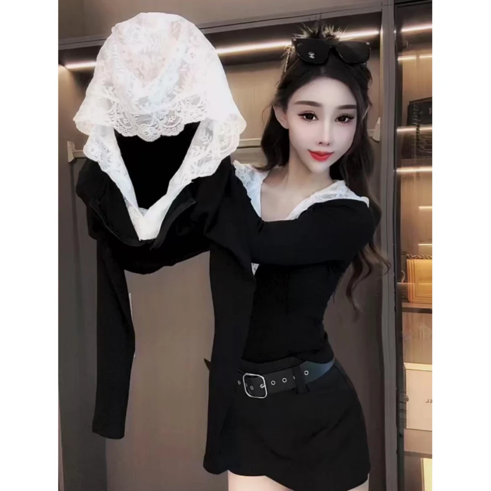 时尚蕾丝拼接连帽长袖T恤女2025春秋新款修身显瘦百搭打底衫上衣