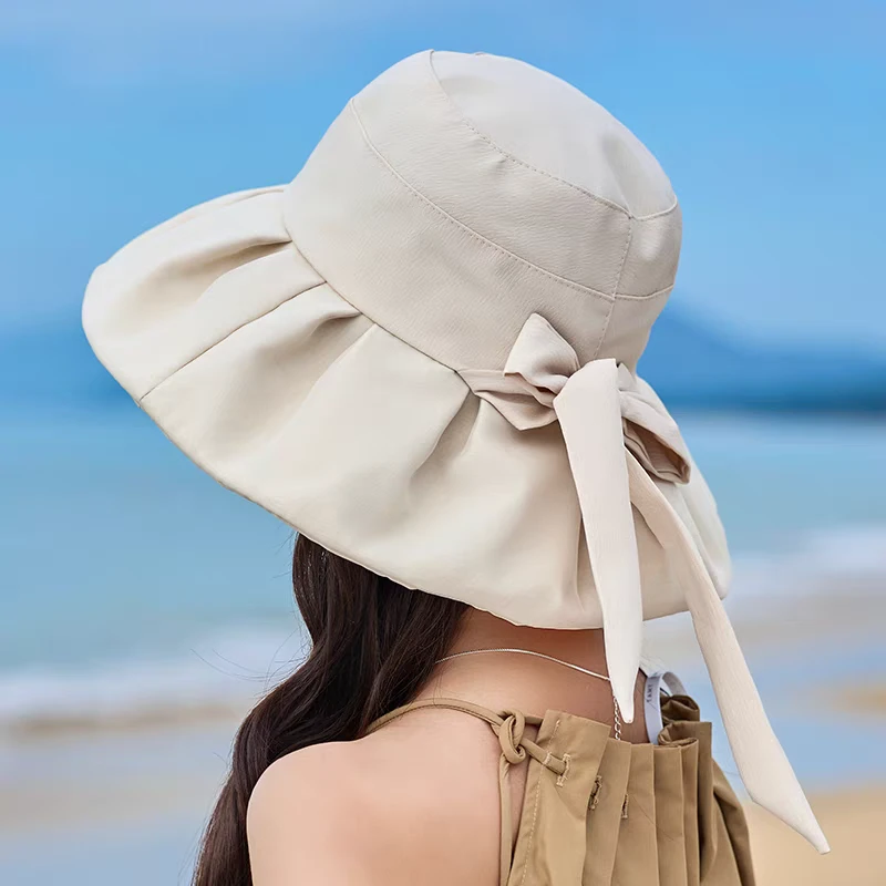 夏天帽子女款2025新款遮阳防晒帽彩胶大帽檐防紫外线蝴蝶结渔夫帽
