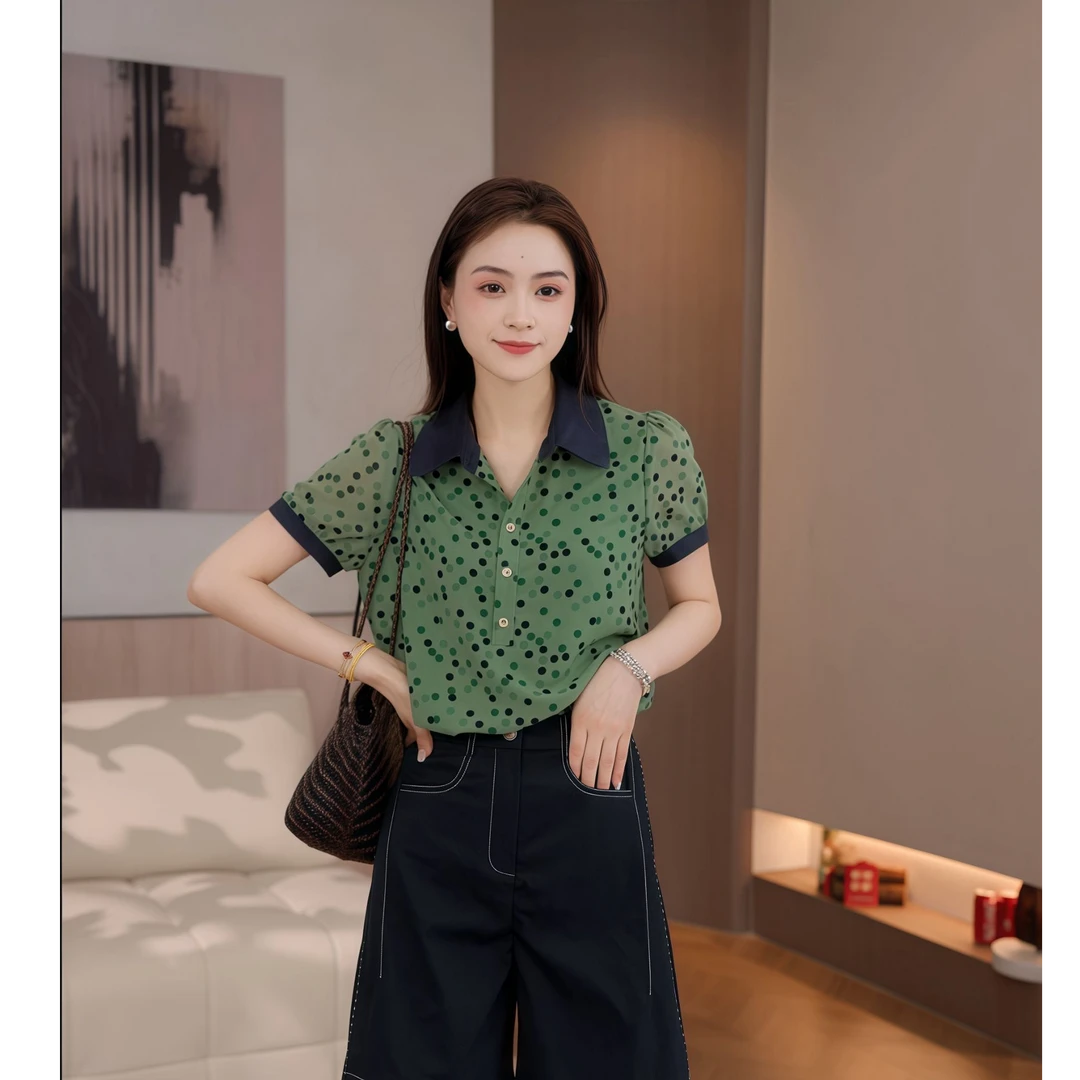豆豆2 【女主人】波点翻领时尚短袖洋气休闲显瘦T恤-DX1356