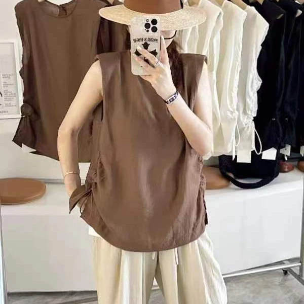 1596多色圆领坎袖抽绳小衫