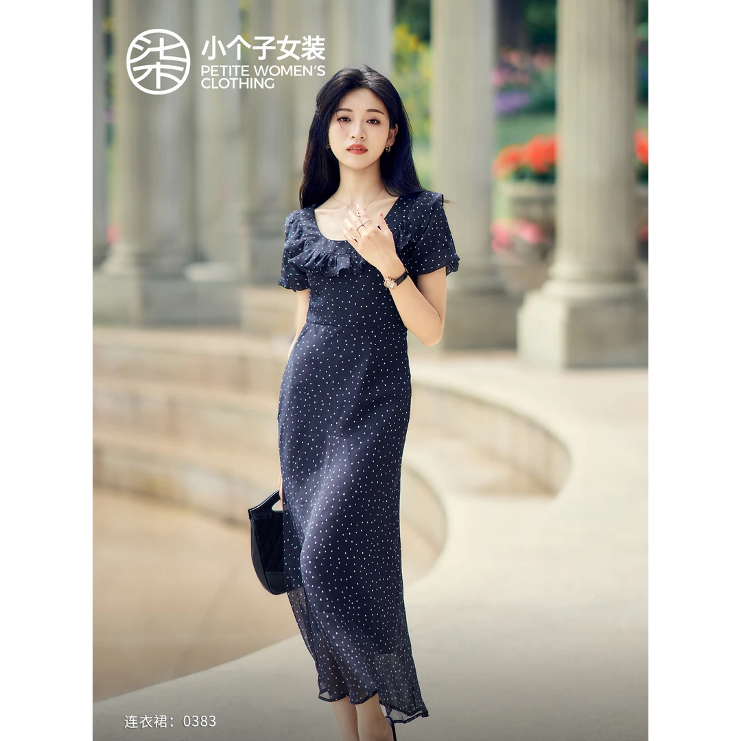 【柒量一裁】0383小个子深蓝色波点短袖连衣裙优雅法式复古显瘦裙子