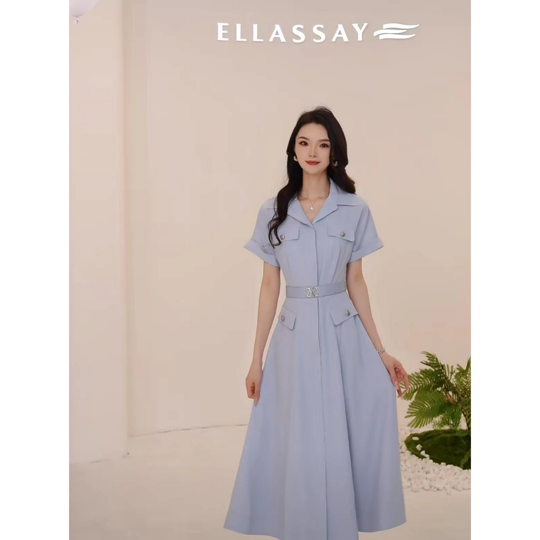 歌力思2025夏季新款高级设计感古巴领工装连衣裙女EWD361Y15500