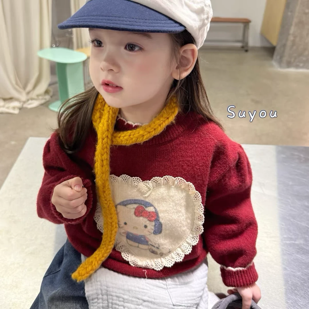 韩版童装2025秋冬新款女童小童韩版爱心花边KT猫毛衣花边打底衫