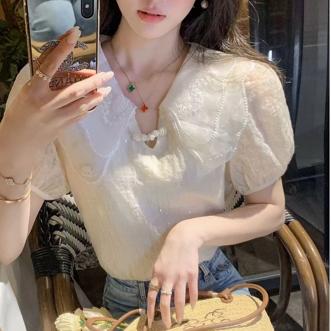娃娃领衬衣女夏季2025新款甜美泡泡袖雪纺衫高级洋气上衣女
