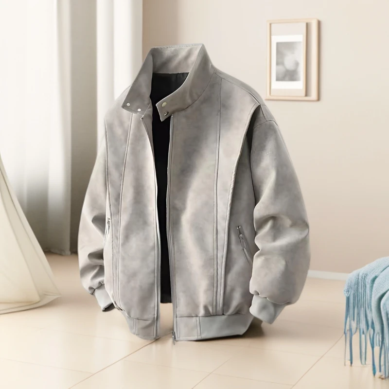 爱米桃心男女款秋冬季美式复古棒球领休闲宽松美拉德水洗皮衣港风