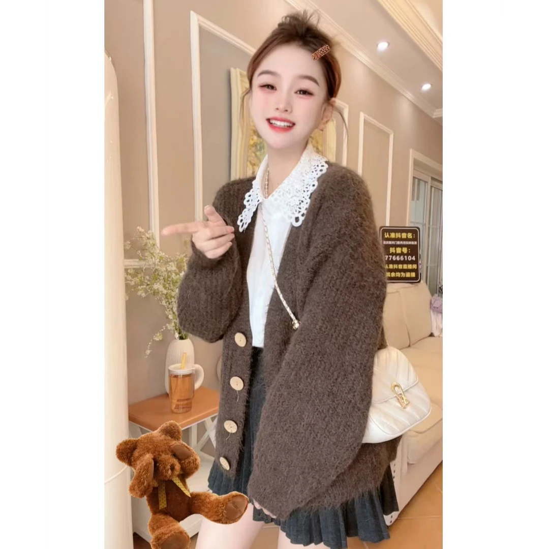 【运费补贴】羊毛混纺软糯慵懒紫色V领毛衣外套秋季针织开衫上衣