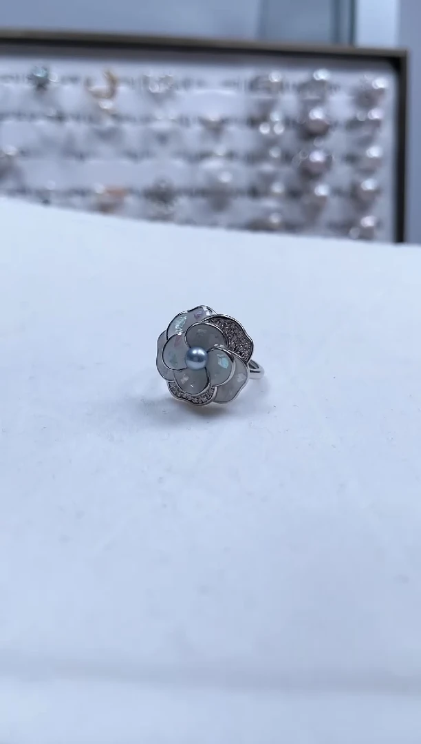 【闪购商品】海水珍珠戒指银S925镶嵌山茶花款珍珠戒指