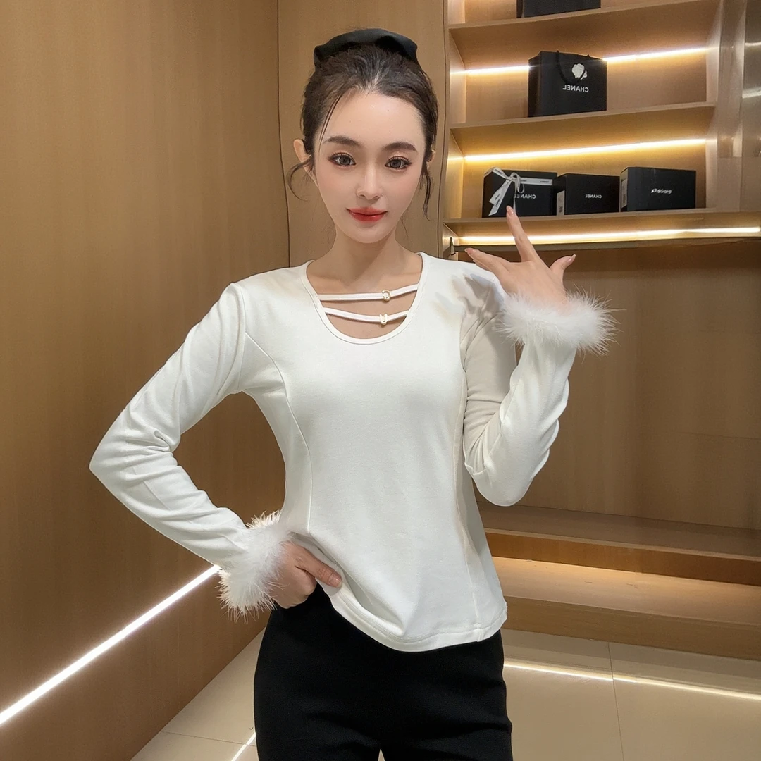 欧货镂空毛毛袖收腰显瘦磨毛绒气质百搭打底衫2260内搭