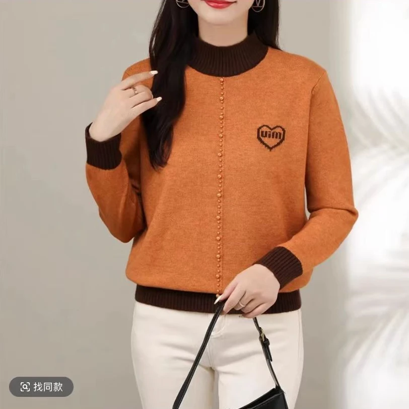 【钉珠-爱心】117拼色半高领钉珠爱心字母刺绣针织毛衣