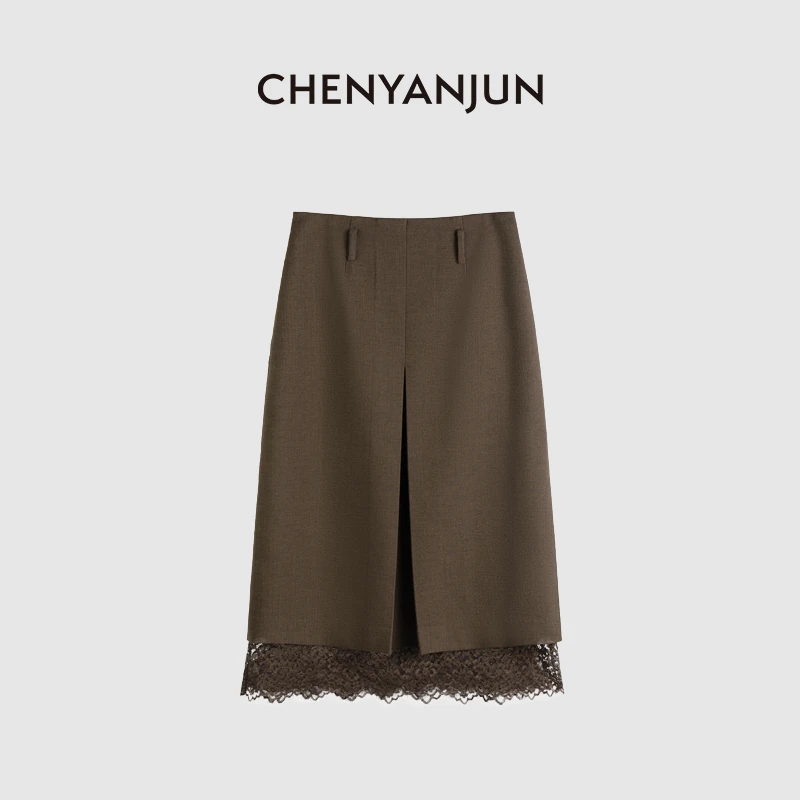 陈妍君【压褶A摆定染睫毛蕾丝卡其色秋冬半身裙】CYJ-TTO124-T108