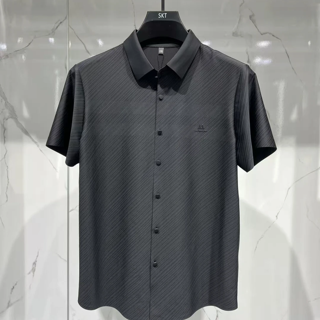 夏季男士细条纹翻领短袖休闲修身轻奢衬衣无痕衬衫时尚百搭