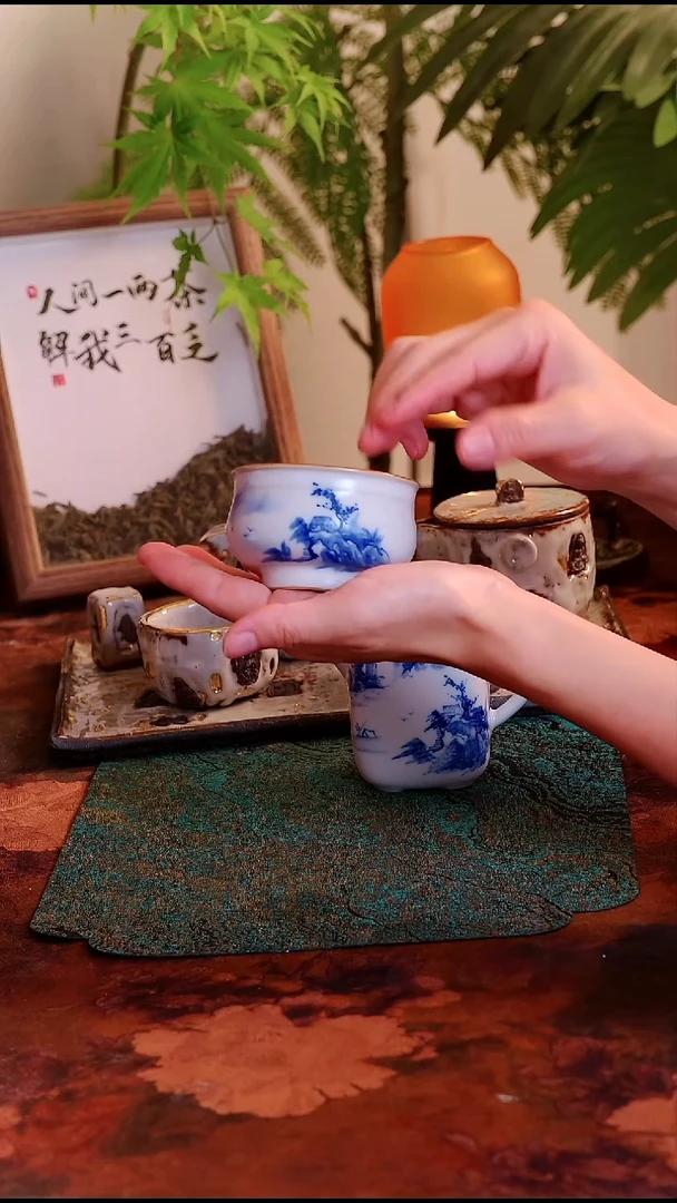 山水品茗杯功夫茶具个人使用小茶杯·越白汝窑手绘山建军杯