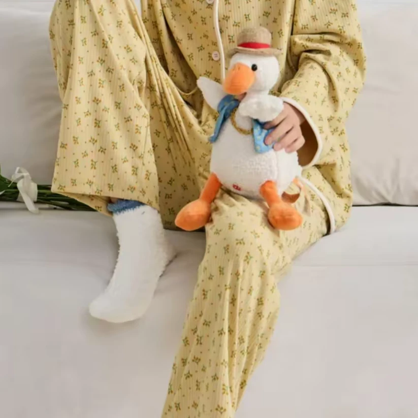 D233碎花松紧腰无口袋小个子单件印花直筒妈妈裤家居裤