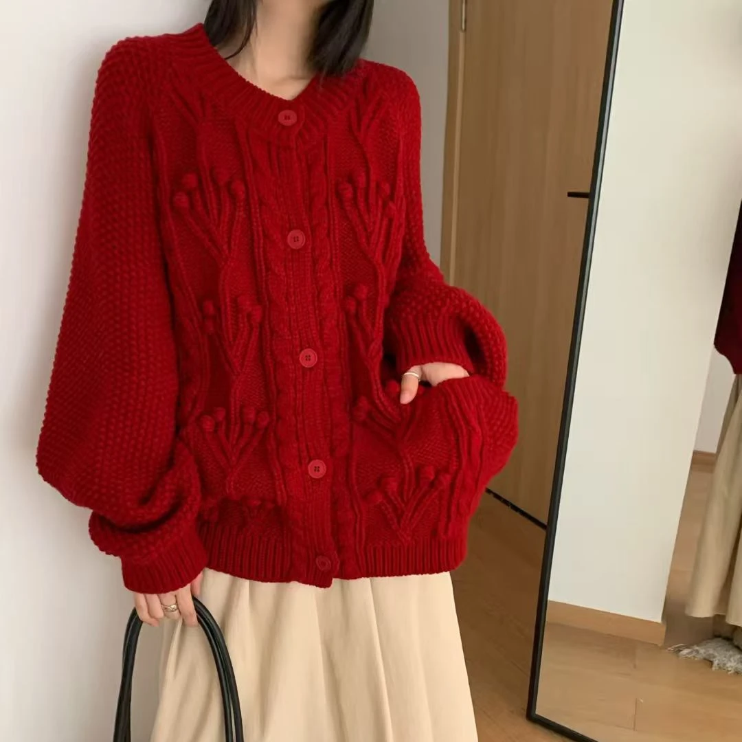 立体手工钩花复古麻花毛衣外套高品质重工韩系慵懒风冬季针织上衣