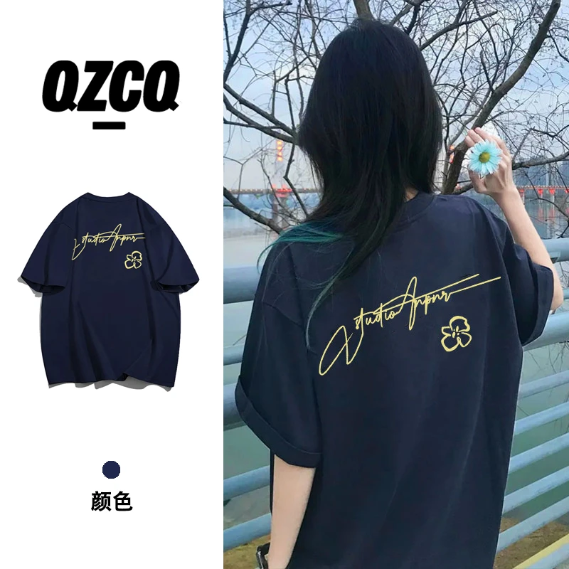 QZCQ美式复古休闲嘻哈宽松百搭夏季短袖T恤慵懒设计潮上衣圆领ins