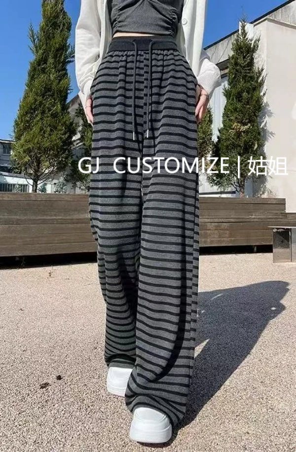 【姑姐严选】2025春夏款复古条纹阔腿拖地裤抽绳松紧腰休闲裤女