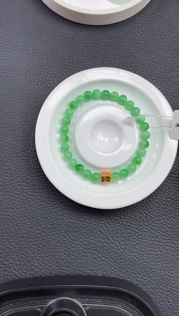 足金镶嵌手串翡翠YM1339-2足金珐琅绿手串单圈