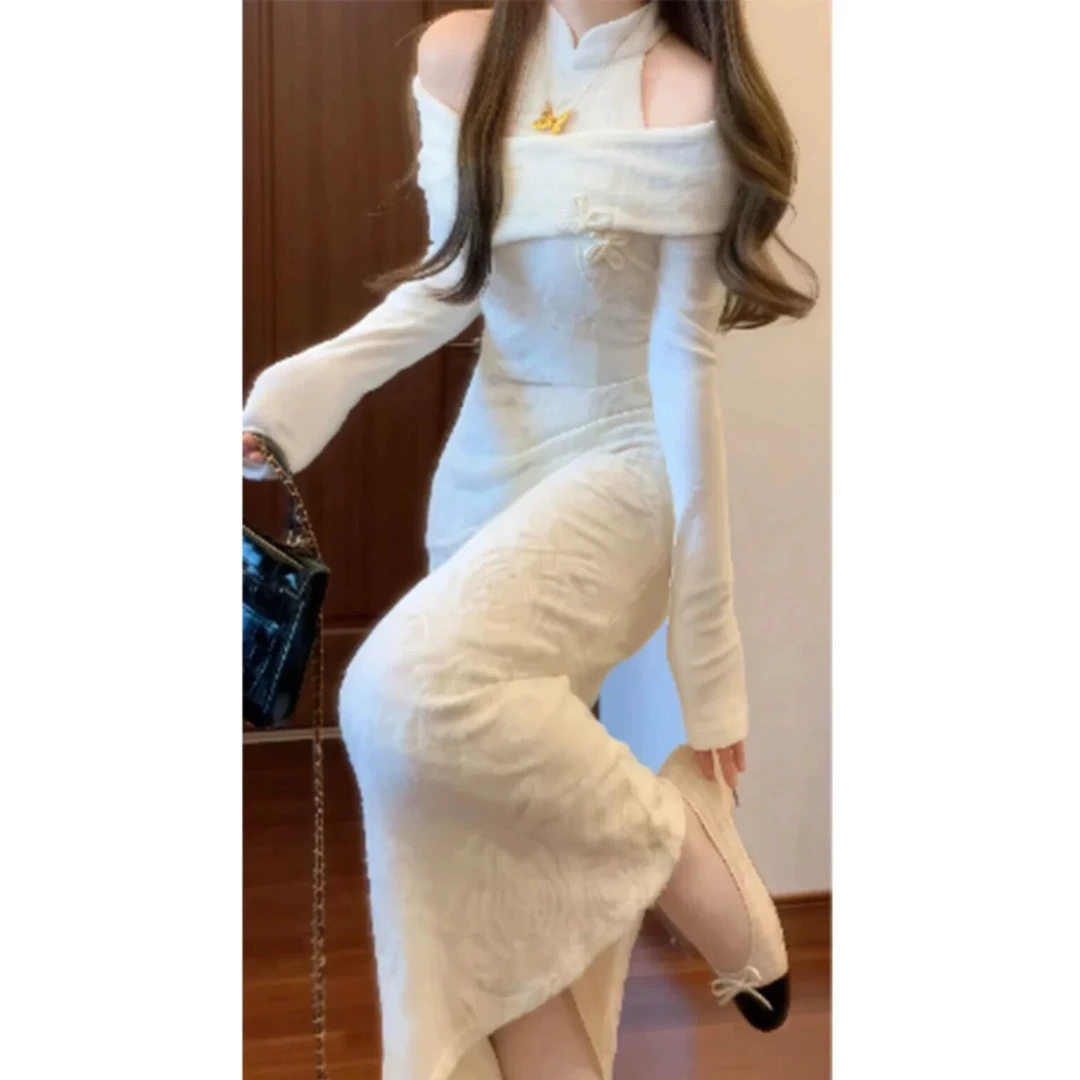 新款新中式国风露肩改良金丝刺绣旗袍针织连衣裙礼服长裙5517甜