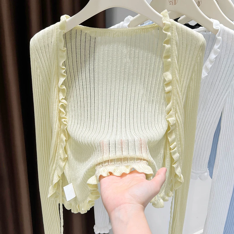 轻薄冰丝针织防晒开衫女吊带裙外搭披肩罩衫新款系带V领长袖上衣