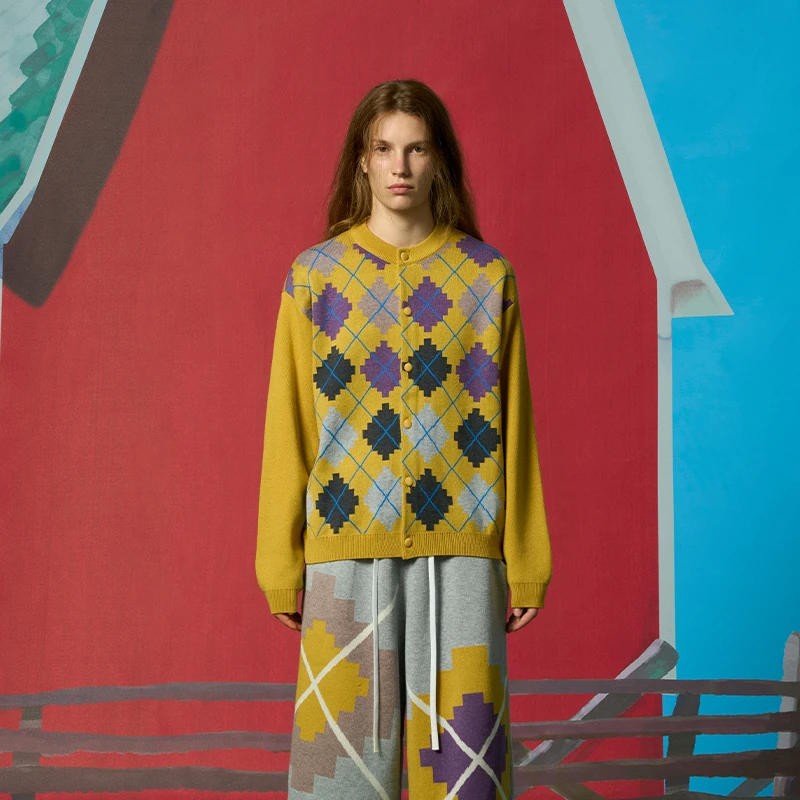 河岸家买手店CHEERi UPi拼色马赛克菱形格羊毛开衫女25冬季新款