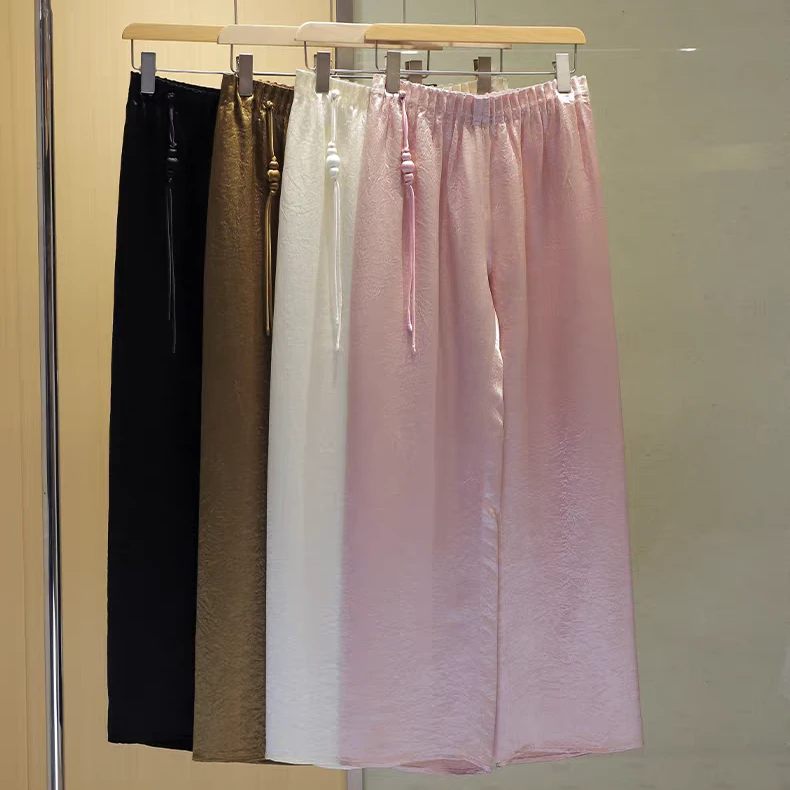 B 门店39&9！蜜桃休闲裤」珠光缎面肌理凉感高腰直筒阔腿裤女C22865