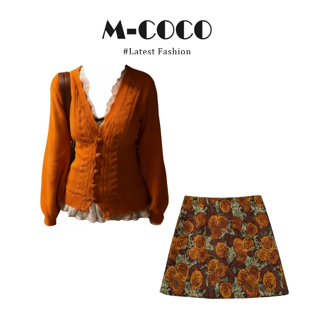 INS CEC韩系复古蕾丝花边上衣叠穿针织毛衫玫瑰半身裙时尚套装