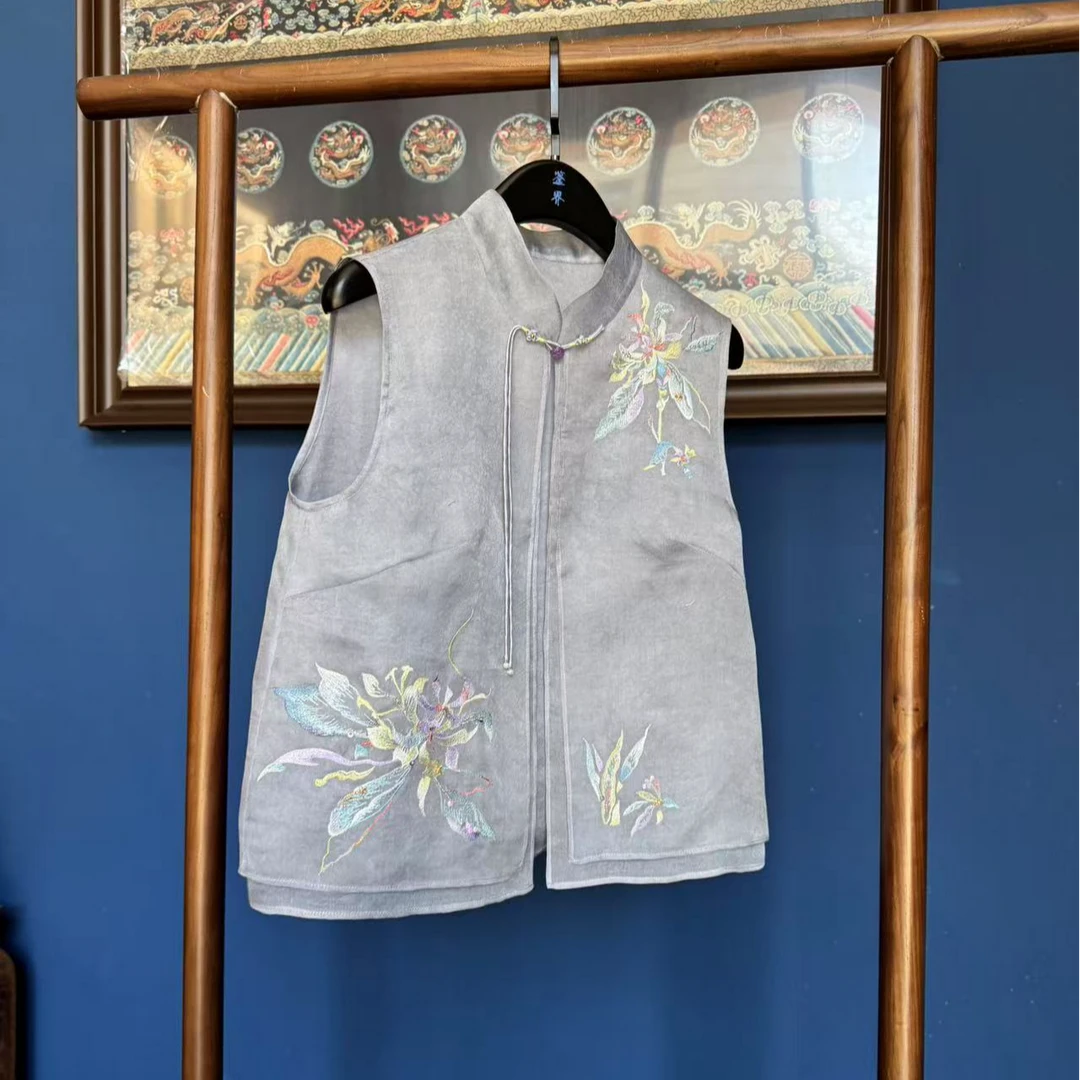 上海鉴界传统中国风马夹高级灰桑蚕线欧根纱绣花新中式马甲