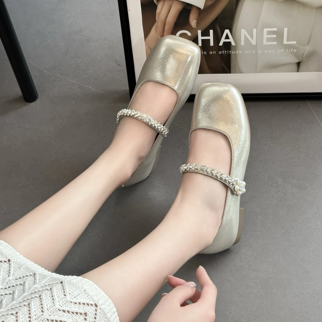 Y261-9香槟色仙女风韩版春季方头水钻单鞋女鞋时尚浅口皮鞋玛丽珍