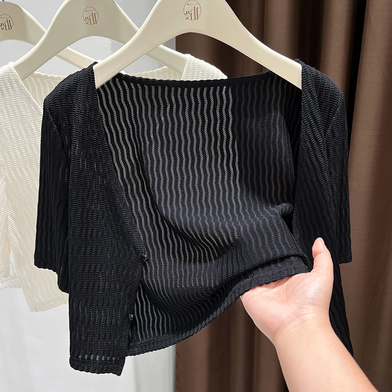 防晒v领针织小开衫女新款轻薄蕾丝短袖披肩外搭坎肩冰丝外套上衣