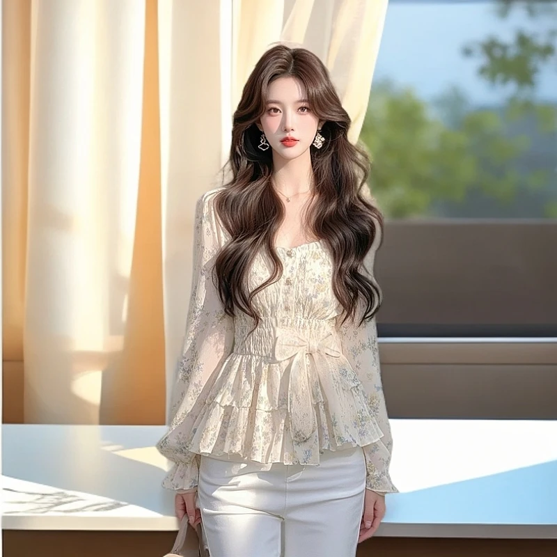 法式爆款碎花方领收腰衬衫女2025春季新款小众设计感高端长袖衬衣