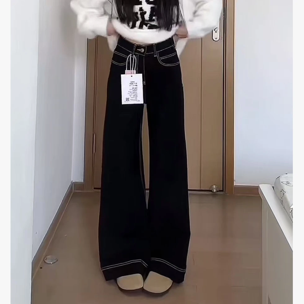 1004新款拼接软牛仔薄料不贴腿牛仔黑色微喇阔腿裤百搭时尚休闲