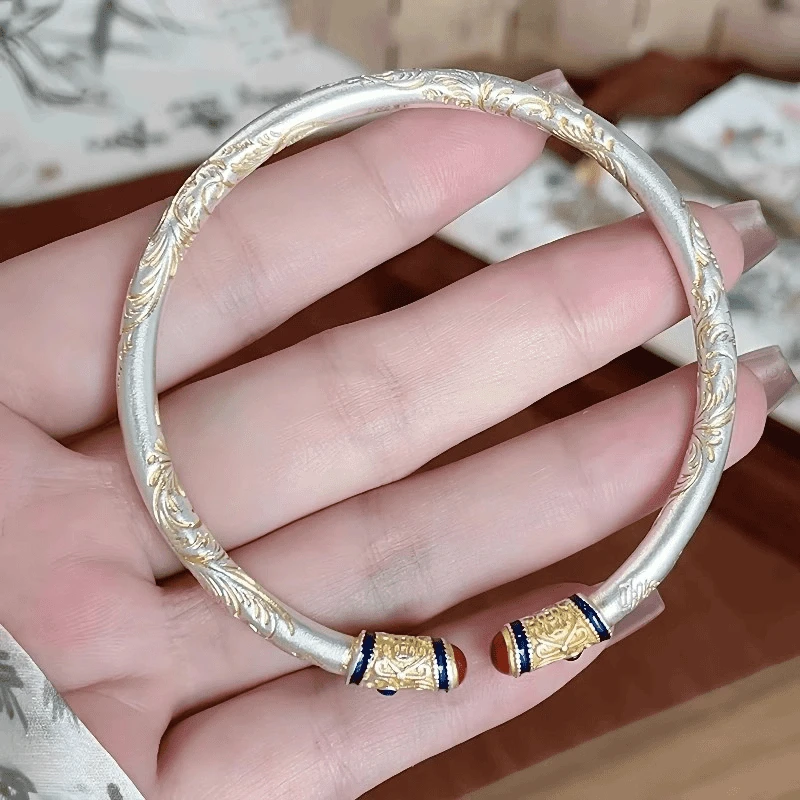 足银手镯 鸿运当头纯银999锦秀吉言新中式唐草描金镯送女友生日礼