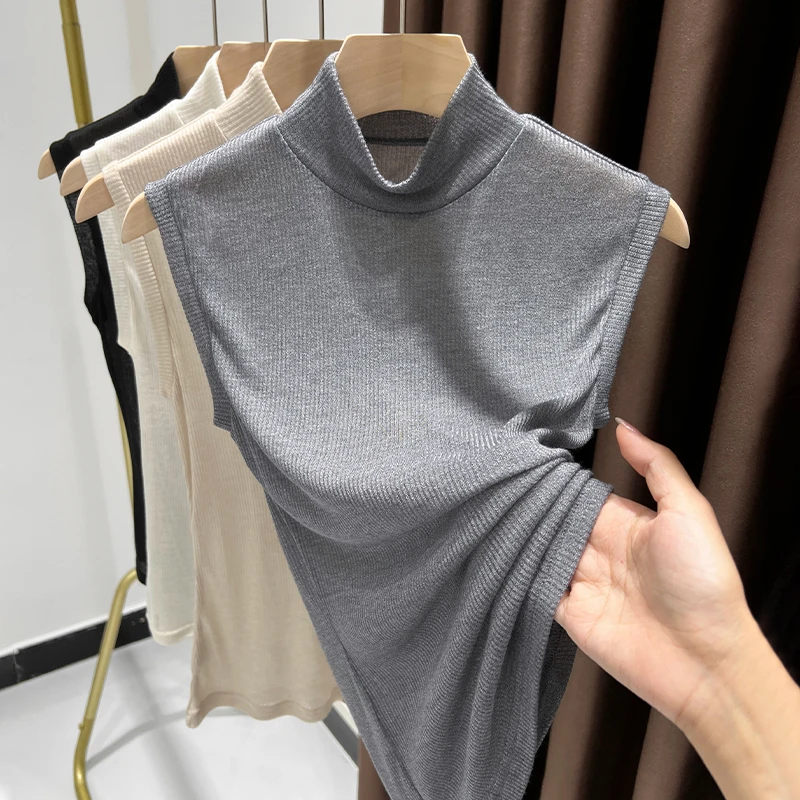 灰色半高领无袖打底衫女款洋气内搭可外穿休闲上衣新款假领子背心