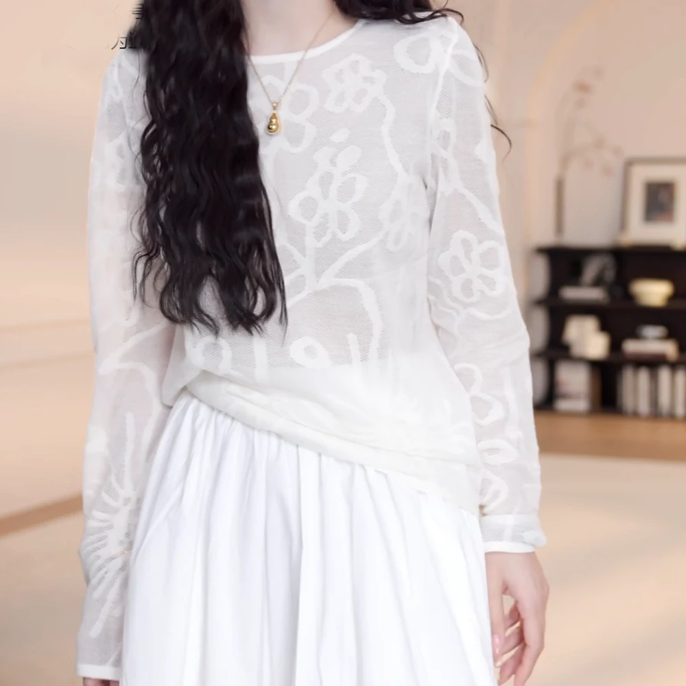 “提花”春夏百搭花朵长袖针织上衣2025春季新款T恤女