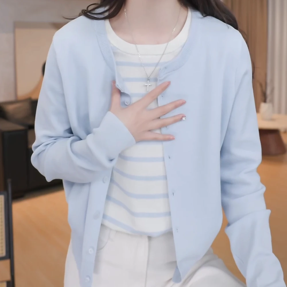 早春新款气质时尚休闲条纹撞色假两件针织衫上衣女2025新款时尚