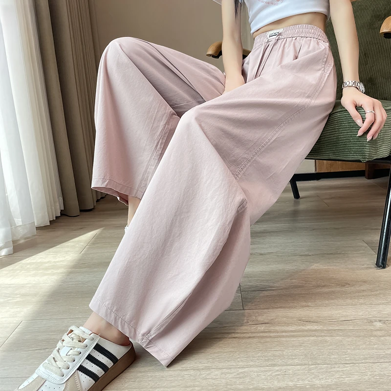 粉色冰丝弯刀香蕉裤女2025新款夏薄宽松九分小个子阔腿气球镰刀裤